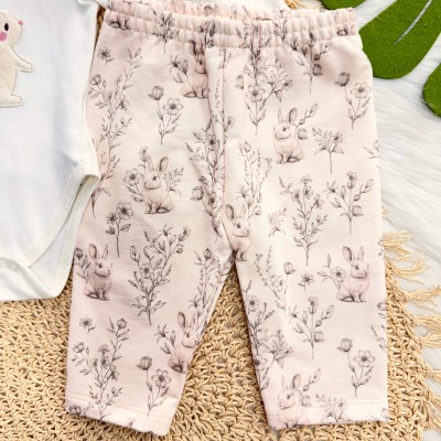 Conj. Body Manga Longa Coelhinha e Calça em Moletinho - Rose e Off White
